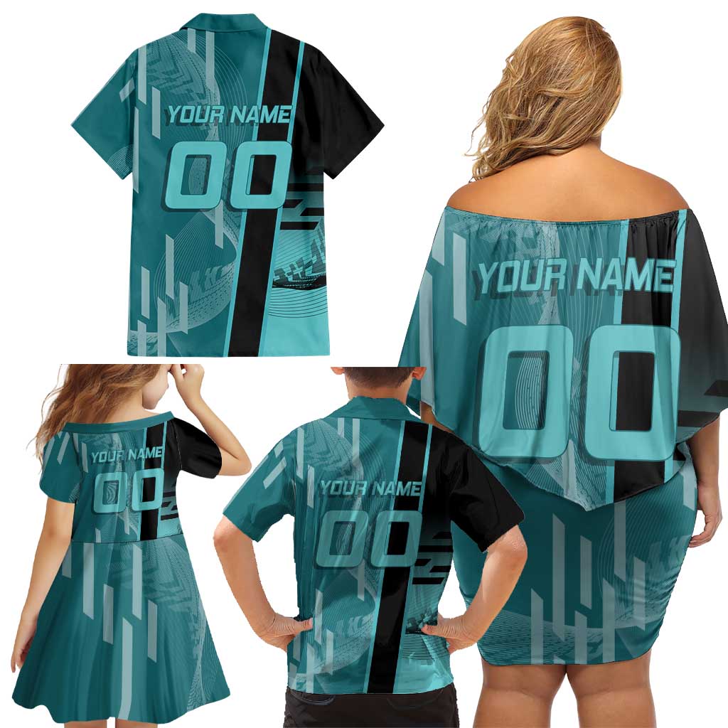 Personalized Tokito Muichiro Demon Slayer Badminton Family Matching Off Shoulder Short Dress and Hawaiian Shirt with Racket Action Pose and Teal Black Graphic Design