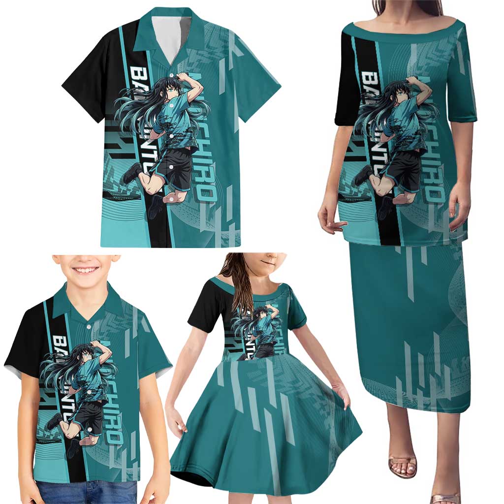 Personalized Tokito Muichiro Demon Slayer Badminton Family Matching Puletasi and Hawaiian Shirt with Racket Action Pose and Teal Black Graphic Design