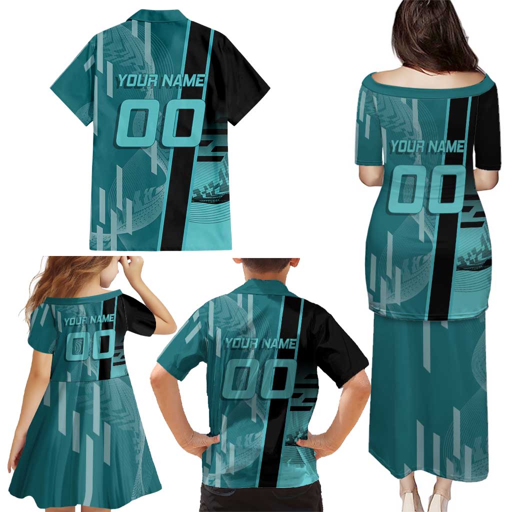 Personalized Tokito Muichiro Demon Slayer Badminton Family Matching Puletasi and Hawaiian Shirt with Racket Action Pose and Teal Black Graphic Design