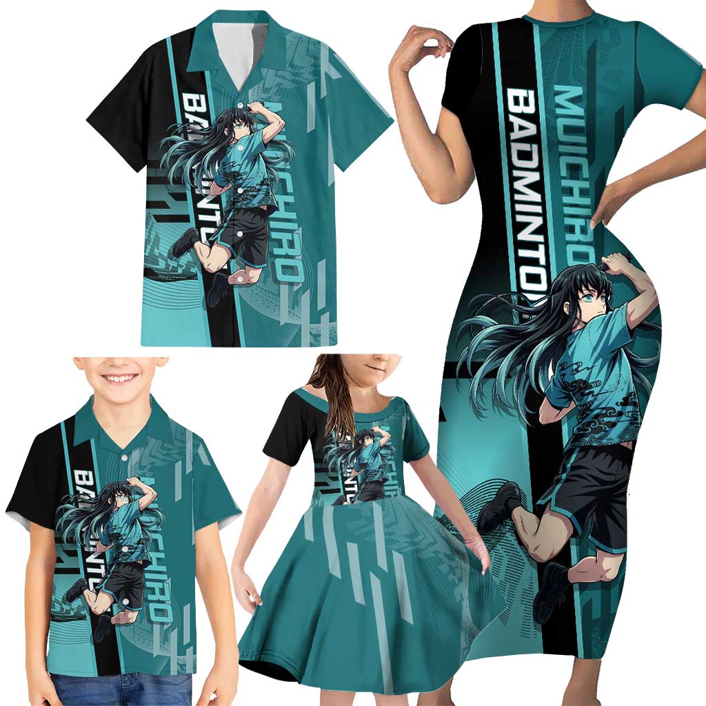 Personalized Tokito Muichiro Demon Slayer Badminton Family Matching Short Sleeve Bodycon Dress and Hawaiian Shirt with Racket Action Pose and Teal Black Graphic Design