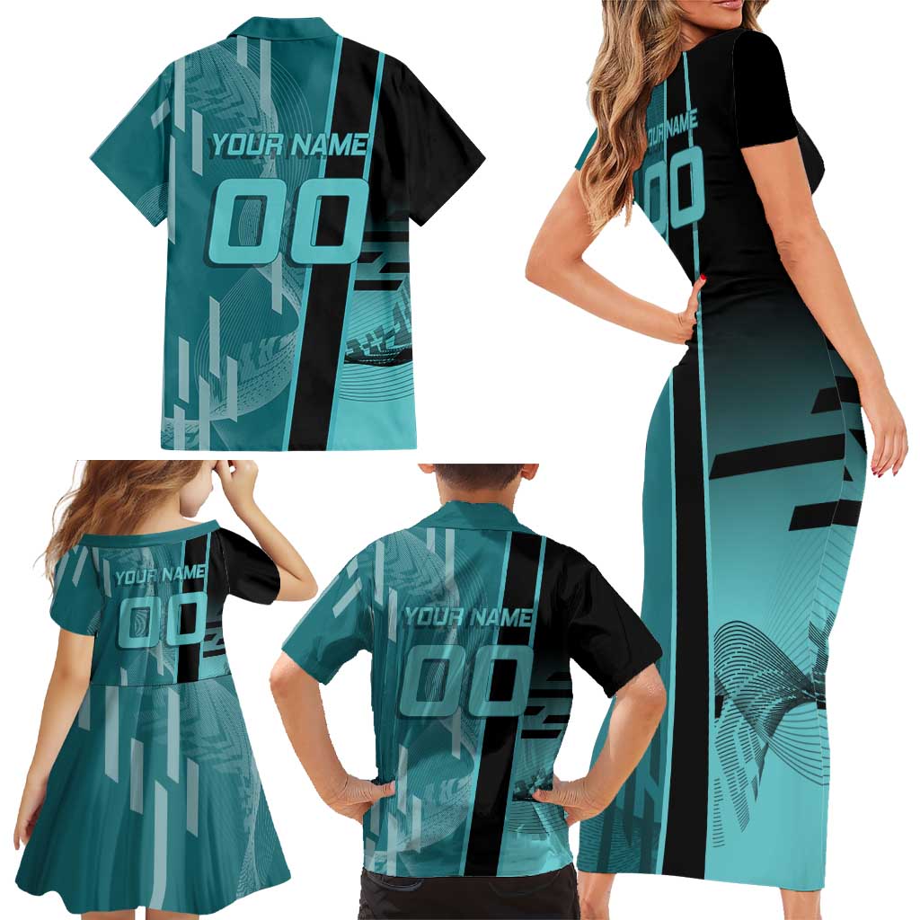Personalized Tokito Muichiro Demon Slayer Badminton Family Matching Short Sleeve Bodycon Dress and Hawaiian Shirt with Racket Action Pose and Teal Black Graphic Design