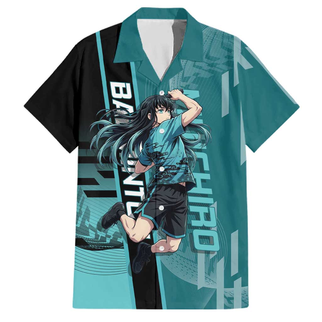 Personalized Tokito Muichiro Demon Slayer Badminton Family Matching Short Sleeve Bodycon Dress and Hawaiian Shirt with Racket Action Pose and Teal Black Graphic Design