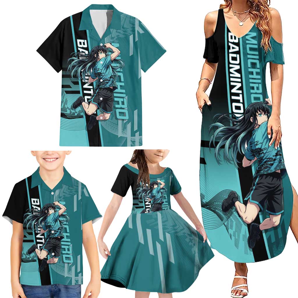 Personalized Tokito Muichiro Demon Slayer Badminton Family Matching Summer Maxi Dress and Hawaiian Shirt with Racket Action Pose and Teal Black Graphic Design