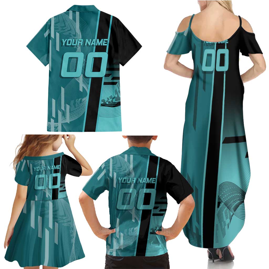 Personalized Tokito Muichiro Demon Slayer Badminton Family Matching Summer Maxi Dress and Hawaiian Shirt with Racket Action Pose and Teal Black Graphic Design