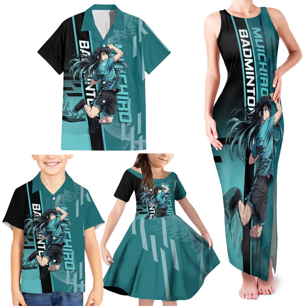 Personalized Tokito Muichiro Demon Slayer Badminton Family Matching Tank Maxi Dress and Hawaiian Shirt with Racket Action Pose and Teal Black Graphic Design