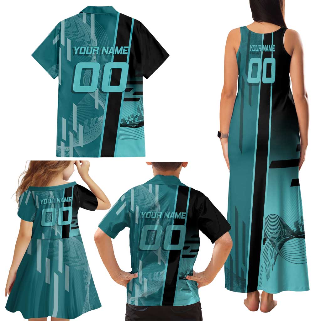 Personalized Tokito Muichiro Demon Slayer Badminton Family Matching Tank Maxi Dress and Hawaiian Shirt with Racket Action Pose and Teal Black Graphic Design