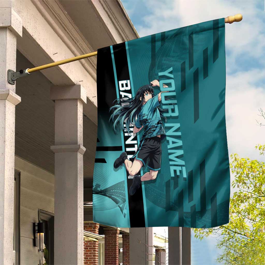 Personalized Tokito Muichiro Demon Slayer Badminton Garden Flag with Racket Action Pose and Teal Black Graphic Design - The Mazicc
