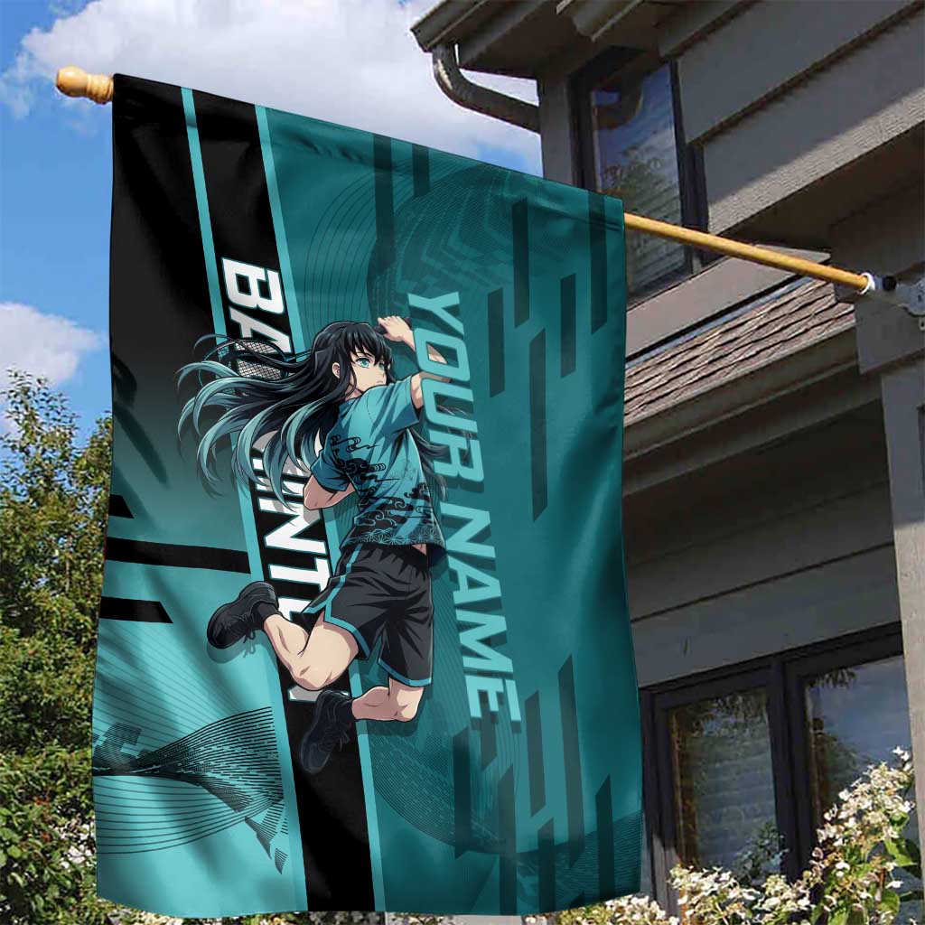 Personalized Tokito Muichiro Demon Slayer Badminton Garden Flag with Racket Action Pose and Teal Black Graphic Design - The Mazicc