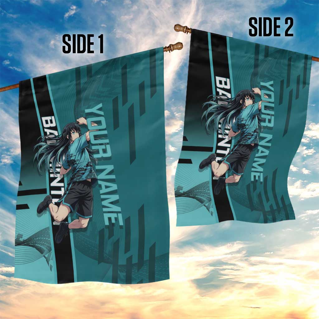 Personalized Tokito Muichiro Demon Slayer Badminton Garden Flag with Racket Action Pose and Teal Black Graphic Design - The Mazicc