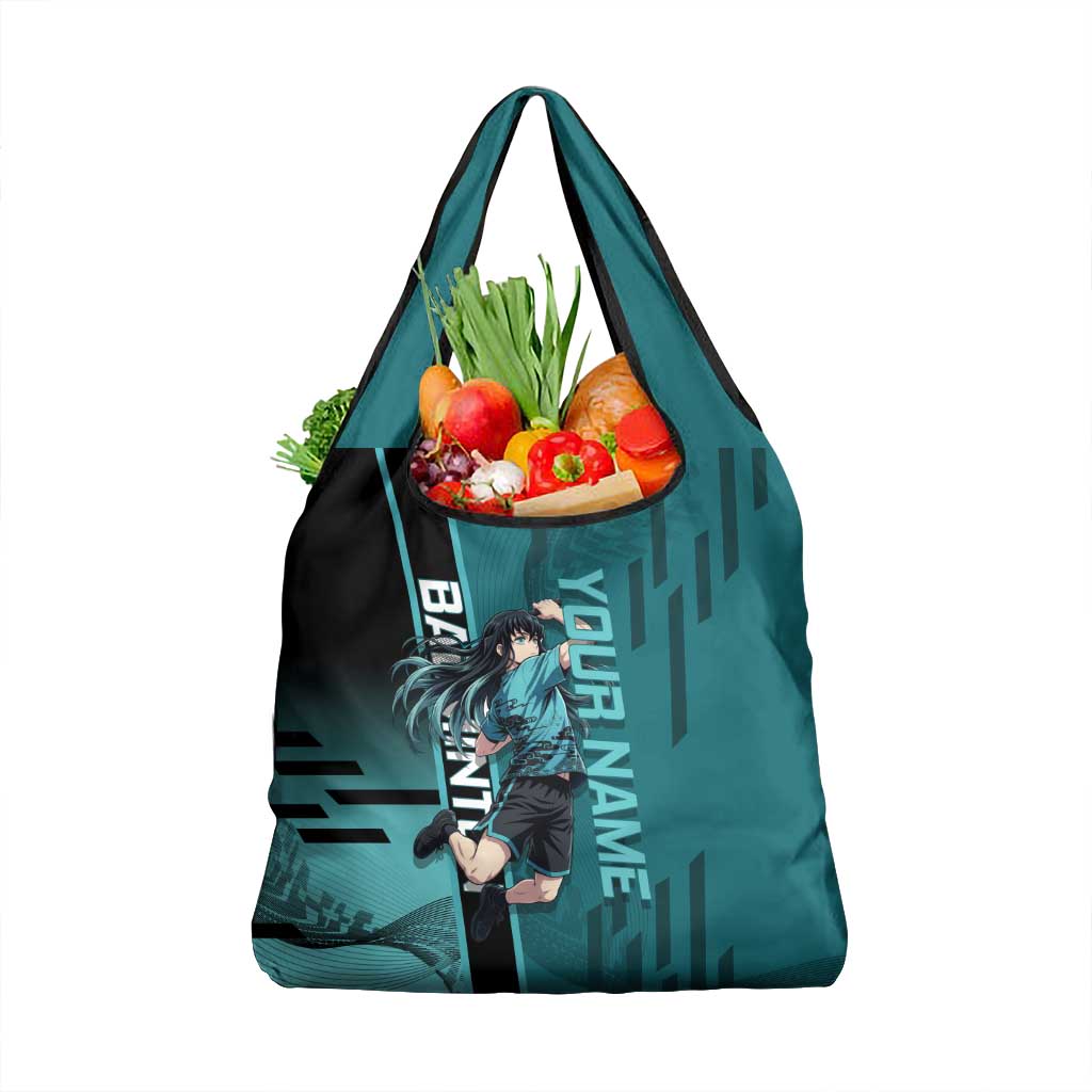 Personalized Tokito Muichiro Demon Slayer Badminton Grocery Bag with Racket Action Pose and Teal Black Graphic Design - The Mazicc