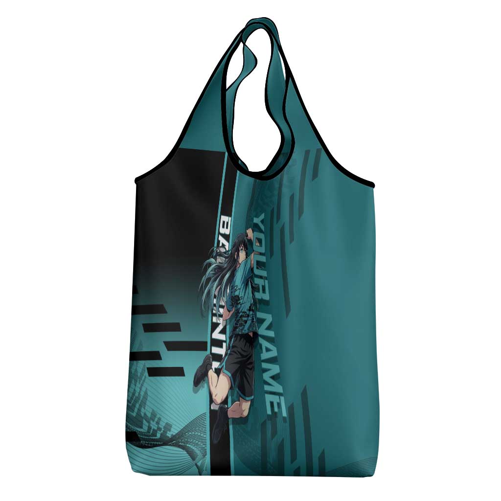 Personalized Tokito Muichiro Demon Slayer Badminton Grocery Bag with Racket Action Pose and Teal Black Graphic Design - The Mazicc