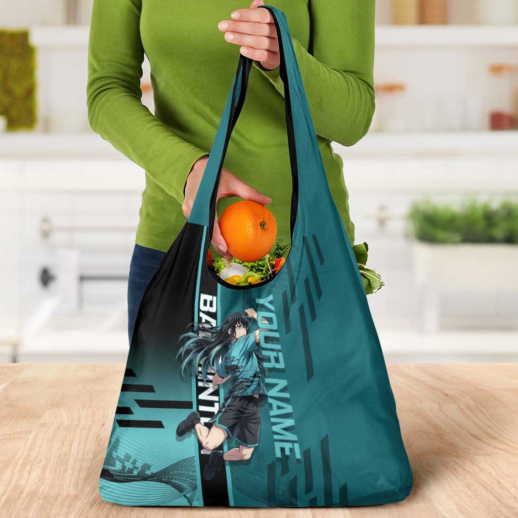 Personalized Tokito Muichiro Demon Slayer Badminton Grocery Bag with Racket Action Pose and Teal Black Graphic Design - The Mazicc
