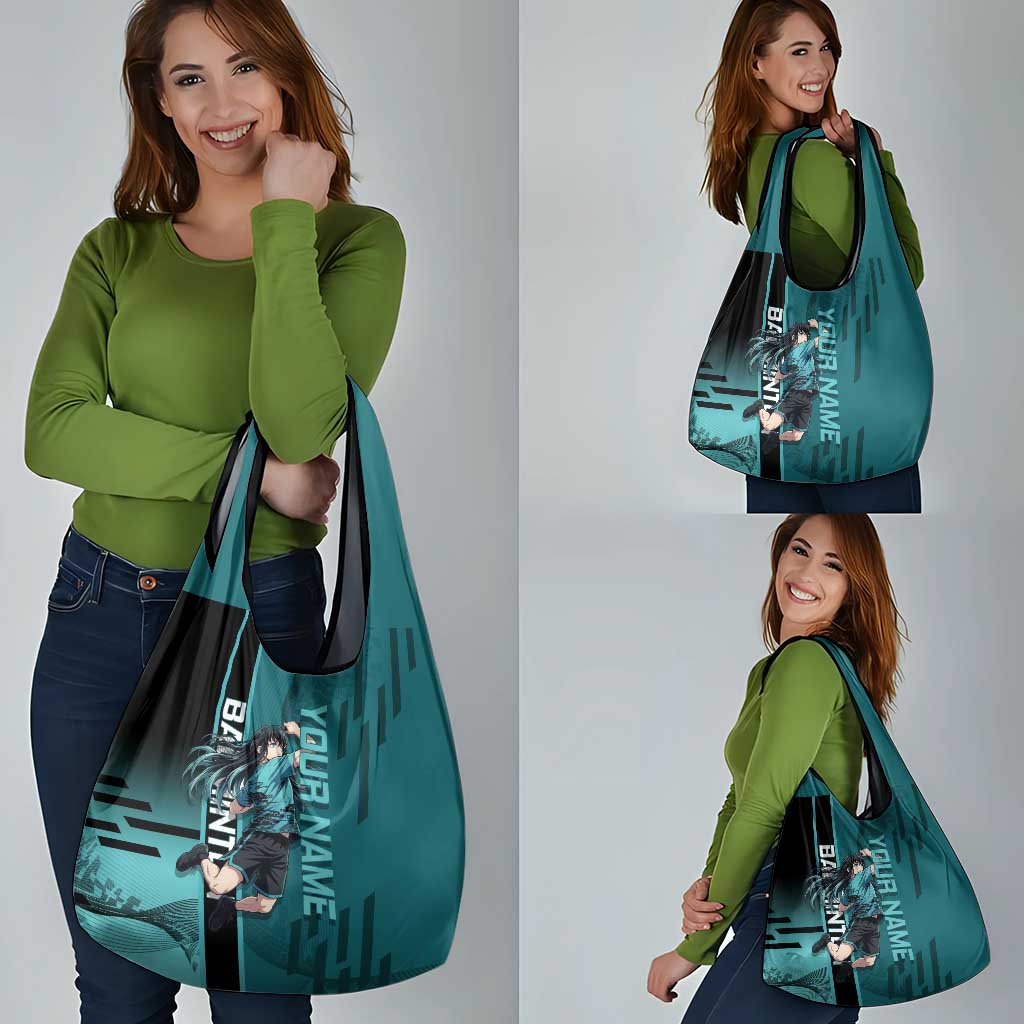 Personalized Tokito Muichiro Demon Slayer Badminton Grocery Bag with Racket Action Pose and Teal Black Graphic Design - The Mazicc