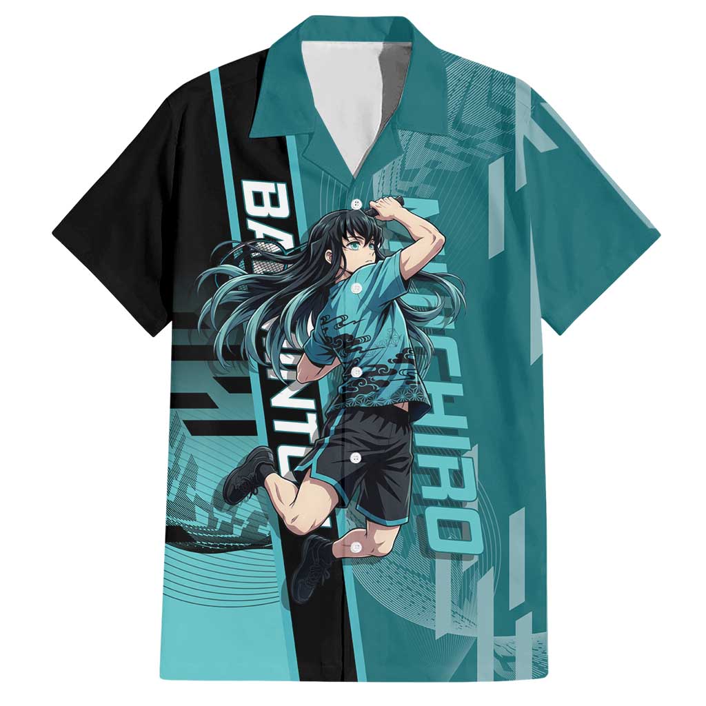 Personalized Tokito Muichiro Demon Slayer Badminton Hawaiian Shirt with Racket Action Pose and Teal Black Graphic Design - The Mazicc
