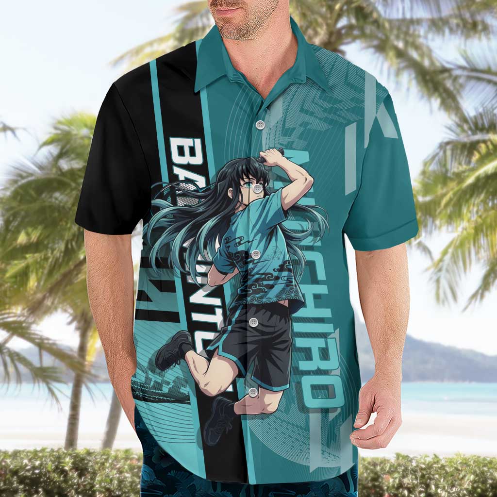 Personalized Tokito Muichiro Demon Slayer Badminton Hawaiian Shirt with Racket Action Pose and Teal Black Graphic Design - The Mazicc
