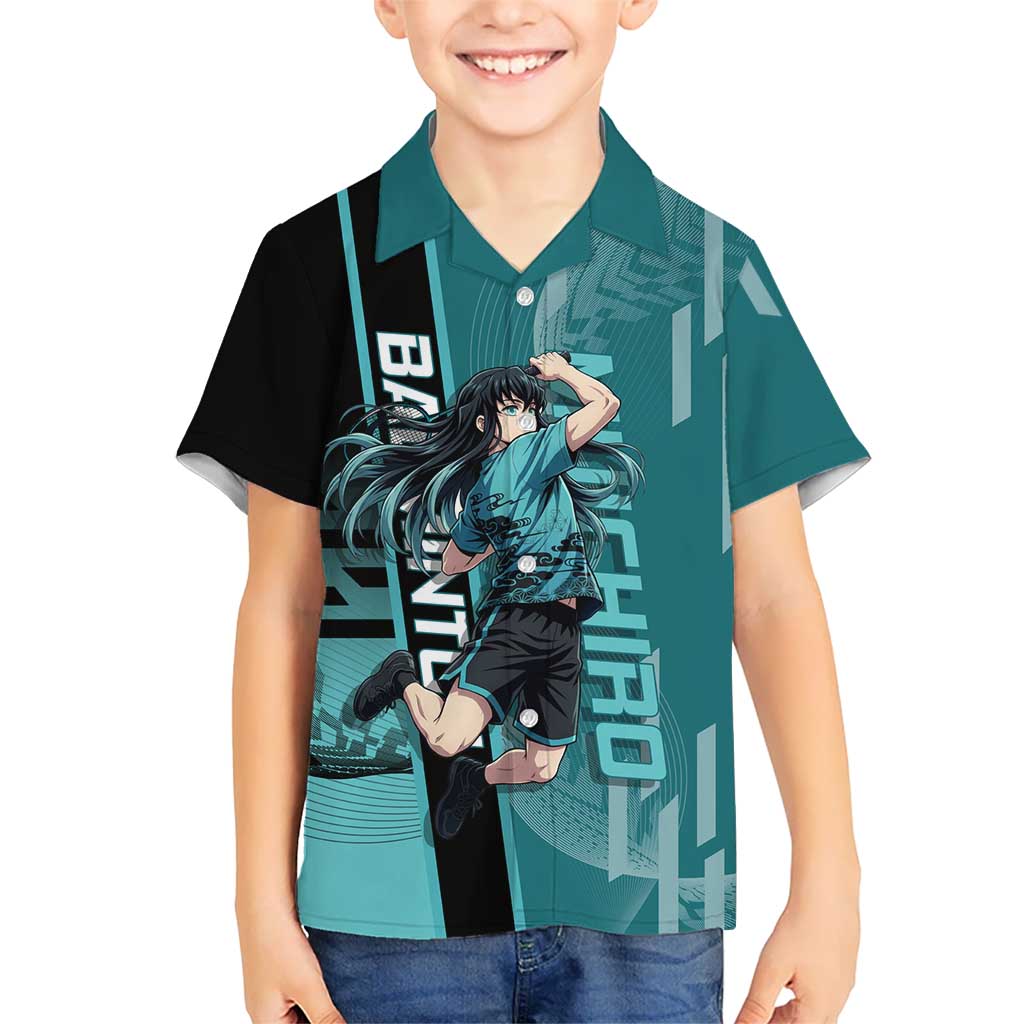 Personalized Tokito Muichiro Demon Slayer Badminton Hawaiian Shirt with Racket Action Pose and Teal Black Graphic Design - The Mazicc