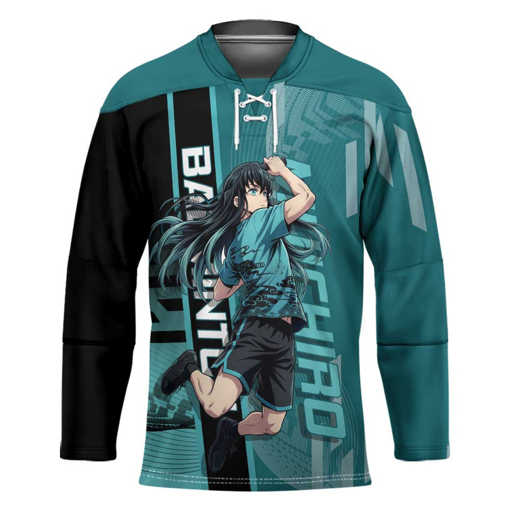 Personalized Tokito Muichiro Demon Slayer Badminton Hockey Jersey with Racket Action Pose and Teal Black Graphic Design - The Mazicc