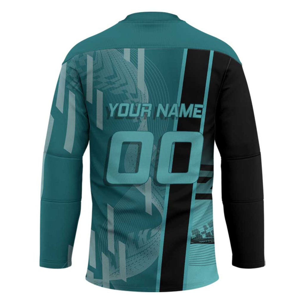 Personalized Tokito Muichiro Demon Slayer Badminton Hockey Jersey with Racket Action Pose and Teal Black Graphic Design - The Mazicc