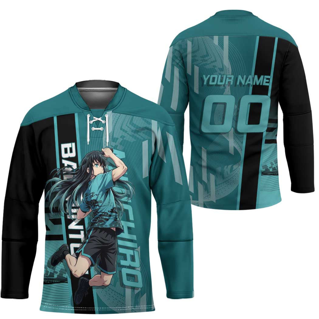 Personalized Tokito Muichiro Demon Slayer Badminton Hockey Jersey with Racket Action Pose and Teal Black Graphic Design - The Mazicc