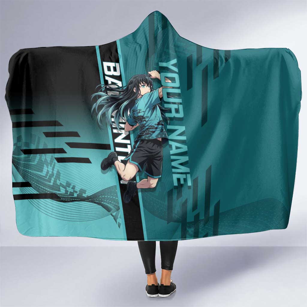 Personalized Tokito Muichiro Demon Slayer Badminton Hooded Blanket with Racket Action Pose and Teal Black Graphic Design - The Mazicc