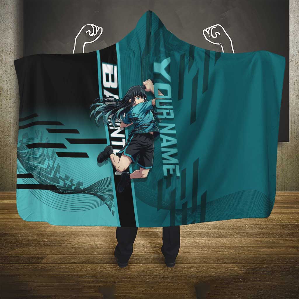 Personalized Tokito Muichiro Demon Slayer Badminton Hooded Blanket with Racket Action Pose and Teal Black Graphic Design - The Mazicc