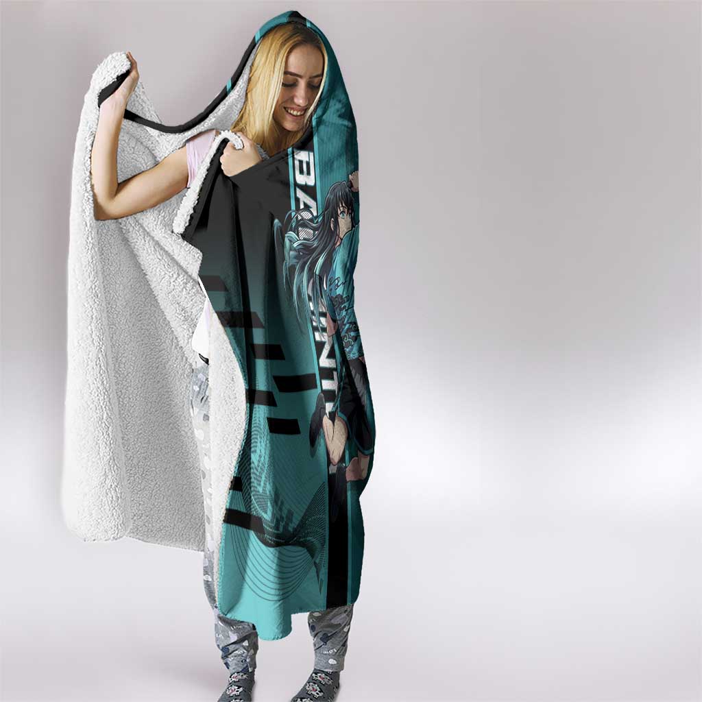 Personalized Tokito Muichiro Demon Slayer Badminton Hooded Blanket with Racket Action Pose and Teal Black Graphic Design - The Mazicc