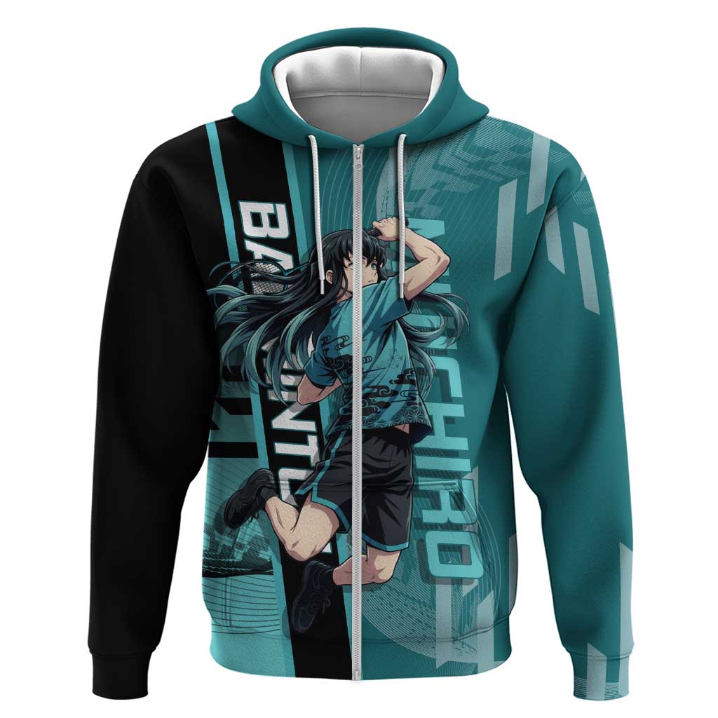 Personalized Tokito Muichiro Demon Slayer Badminton Hoodie with Racket Action Pose and Teal Black Graphic Design - The Mazicc
