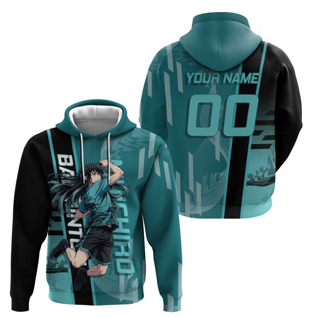 Personalized Tokito Muichiro Demon Slayer Badminton Hoodie with Racket Action Pose and Teal Black Graphic Design - The Mazicc