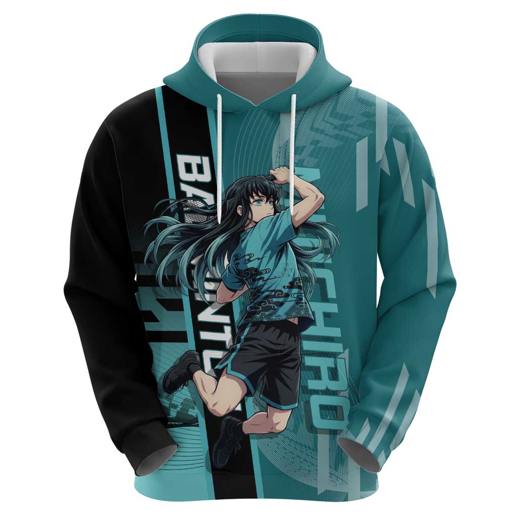Personalized Tokito Muichiro Demon Slayer Badminton Hoodie with Racket Action Pose and Teal Black Graphic Design - The Mazicc