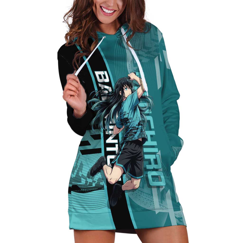 Personalized Tokito Muichiro Demon Slayer Badminton Hoodie Dress with Racket Action Pose and Teal Black Graphic Design - The Mazicc