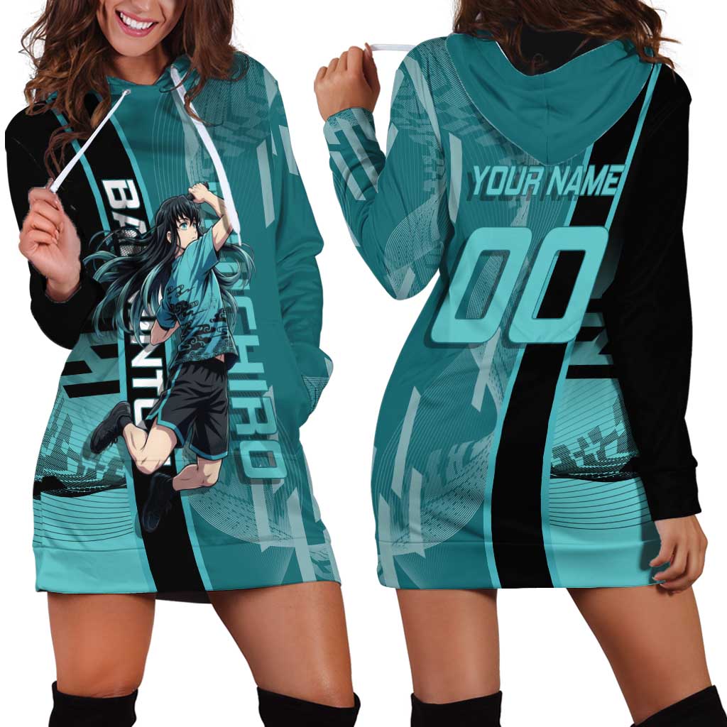 Personalized Tokito Muichiro Demon Slayer Badminton Hoodie Dress with Racket Action Pose and Teal Black Graphic Design - The Mazicc
