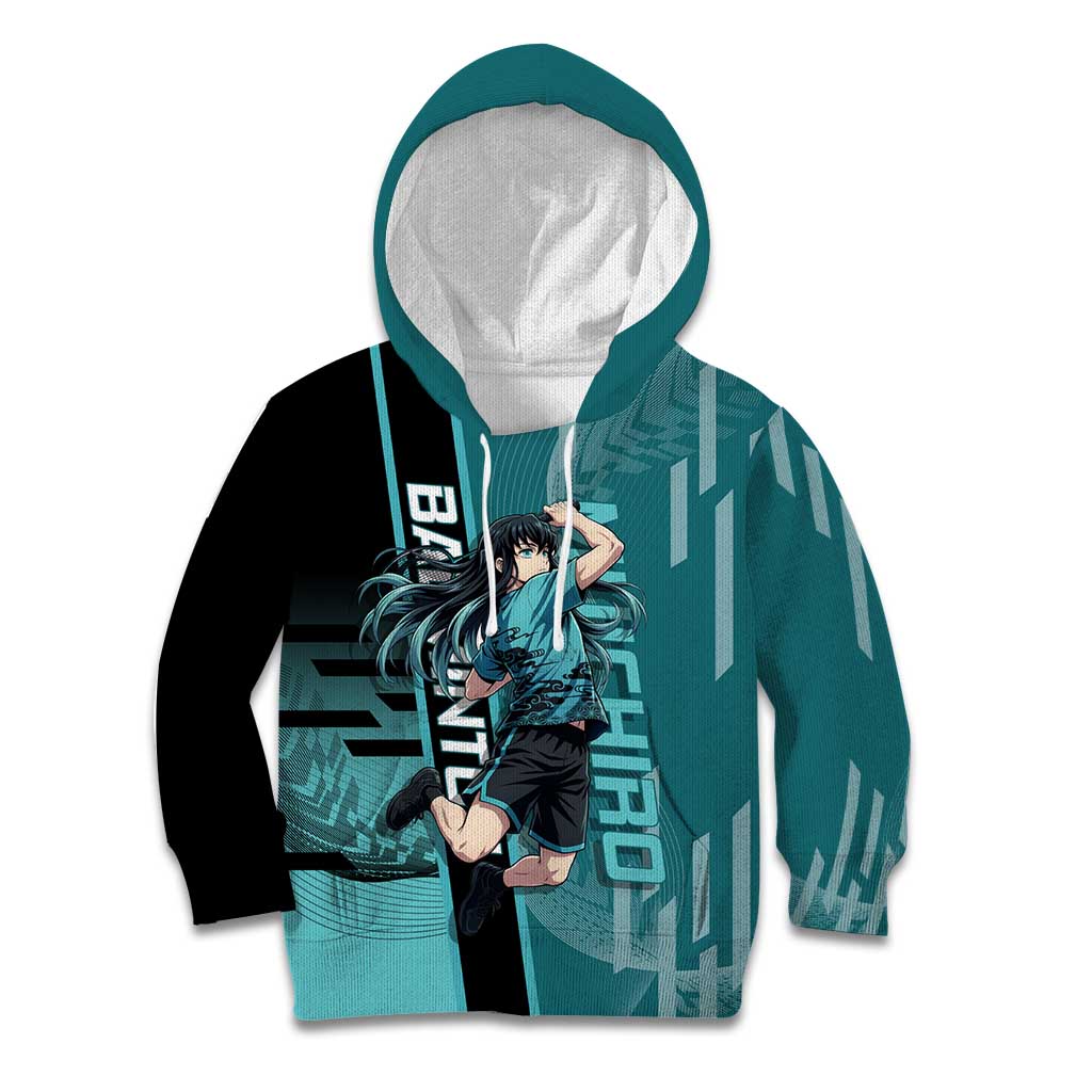 Personalized Tokito Muichiro Demon Slayer Badminton Kid Hoodie with Racket Action Pose and Teal Black Graphic Design - The Mazicc