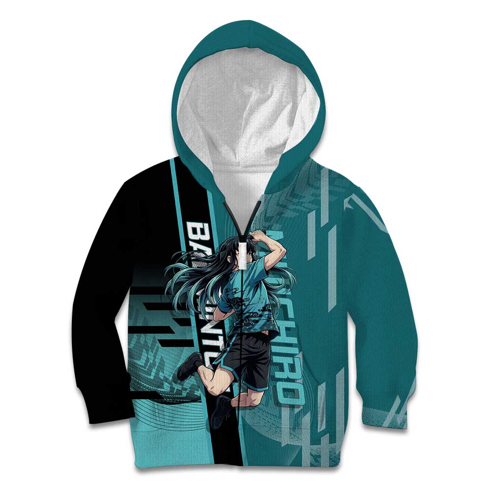 Personalized Tokito Muichiro Demon Slayer Badminton Kid Hoodie with Racket Action Pose and Teal Black Graphic Design - The Mazicc