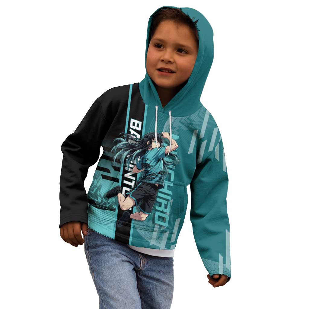 Personalized Tokito Muichiro Demon Slayer Badminton Kid Hoodie with Racket Action Pose and Teal Black Graphic Design - The Mazicc