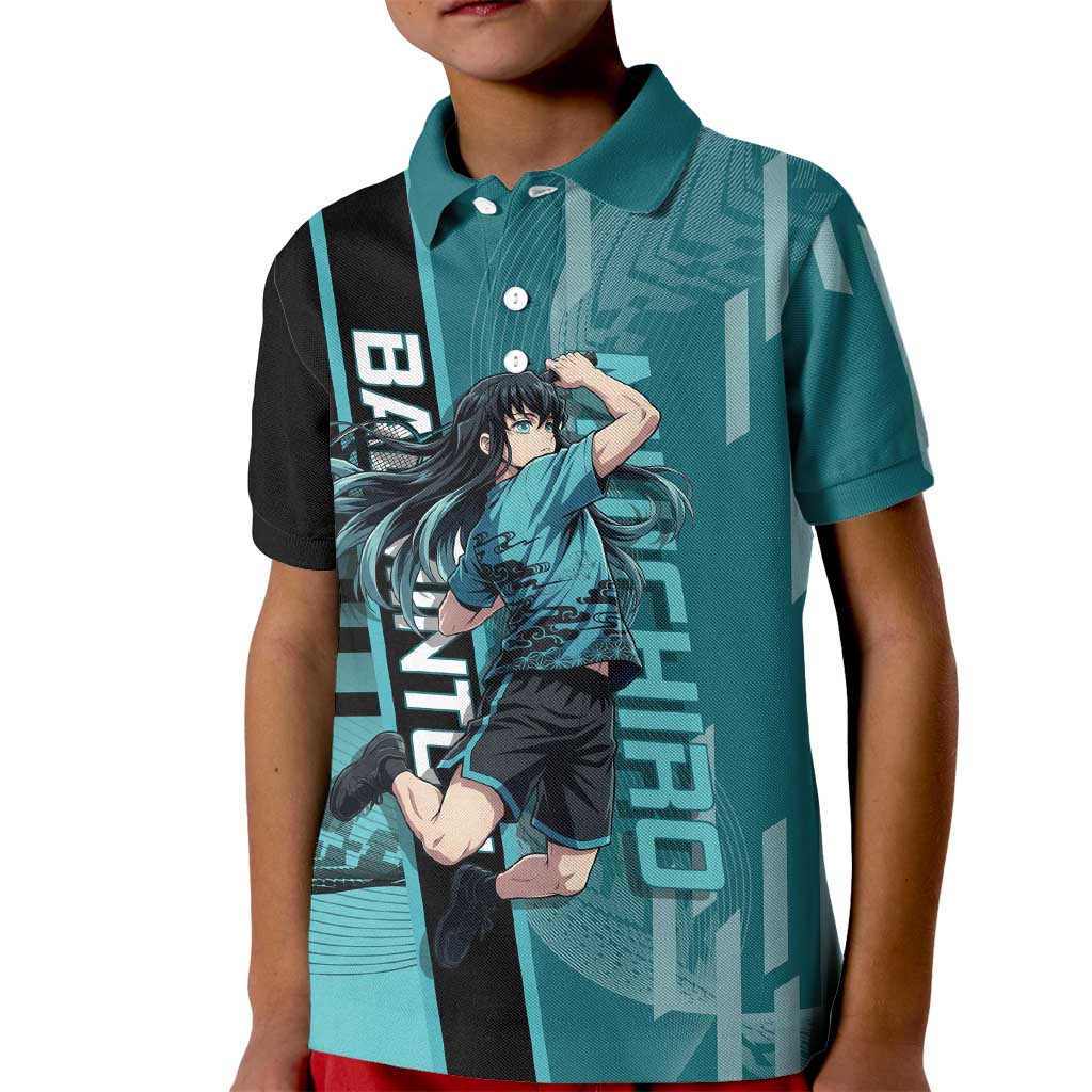 Personalized Tokito Muichiro Demon Slayer Badminton Kid Polo Shirt with Racket Action Pose and Teal Black Graphic Design - The Mazicc