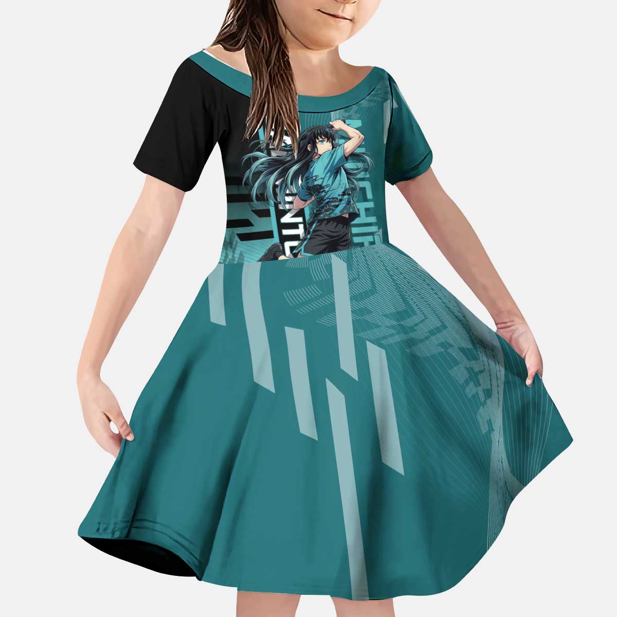 Personalized Tokito Muichiro Demon Slayer Badminton Kid Short Sleeve Dress with Racket Action Pose and Teal Black Graphic Design - The Mazicc