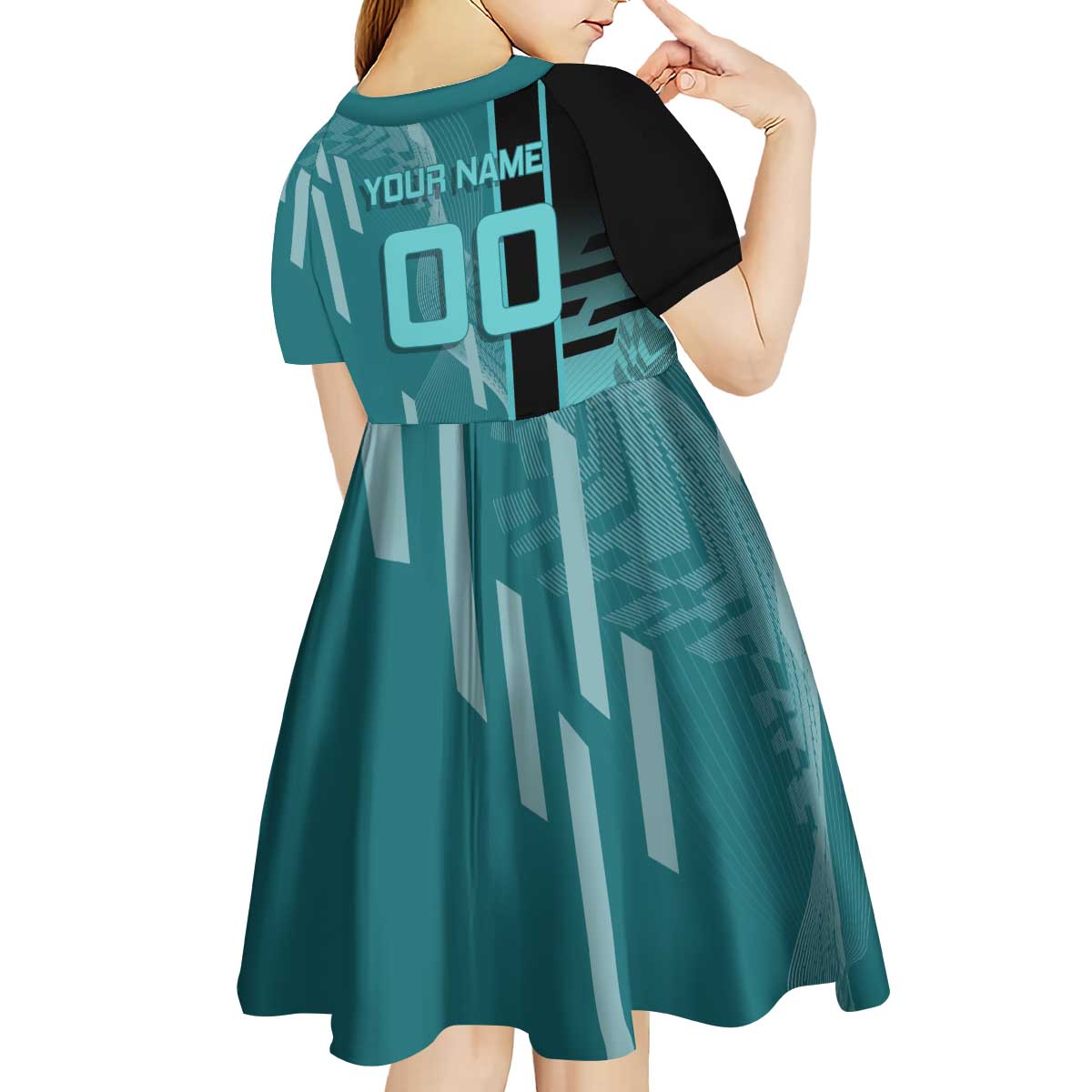 Personalized Tokito Muichiro Demon Slayer Badminton Kid Short Sleeve Dress with Racket Action Pose and Teal Black Graphic Design - The Mazicc
