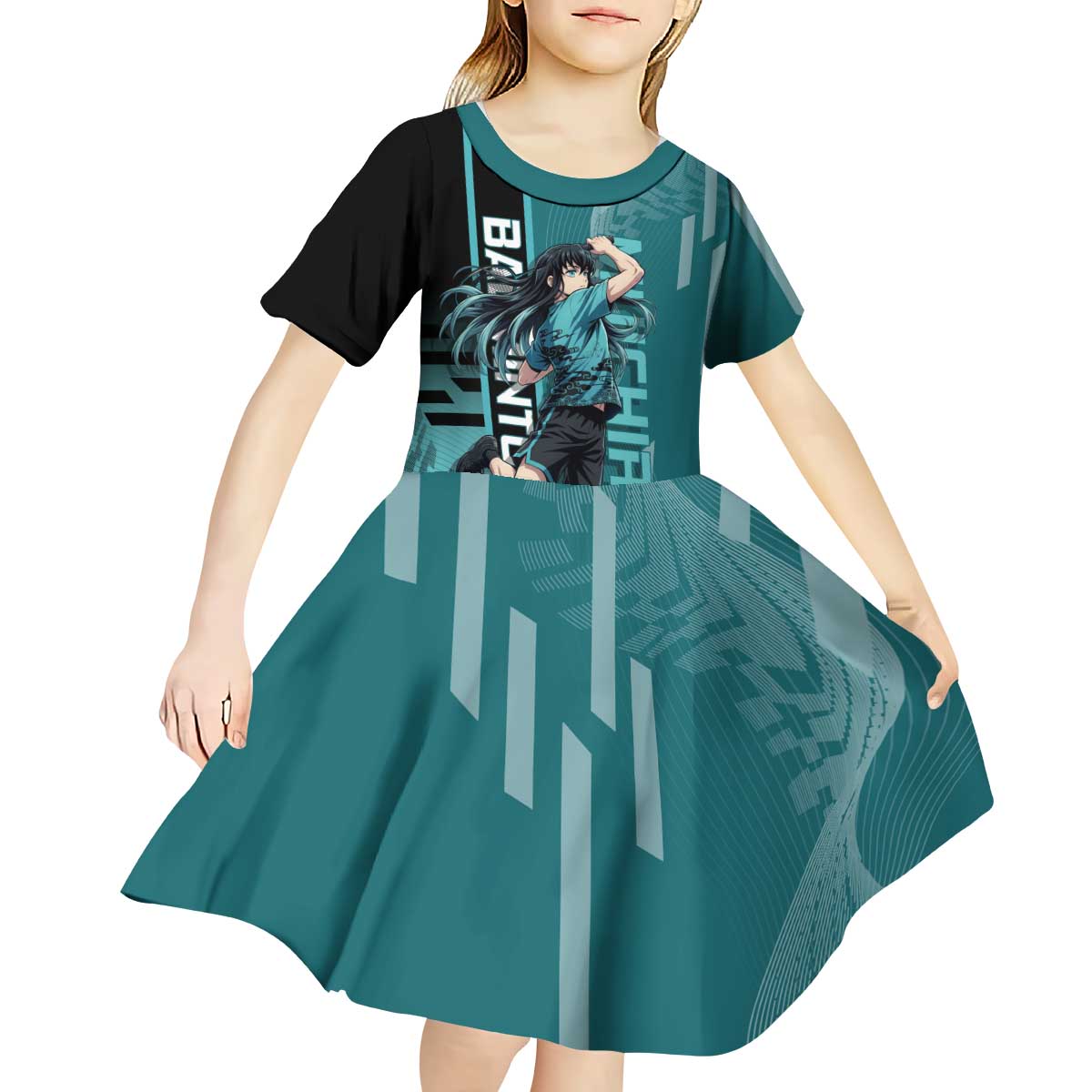 Personalized Tokito Muichiro Demon Slayer Badminton Kid Short Sleeve Dress with Racket Action Pose and Teal Black Graphic Design - The Mazicc