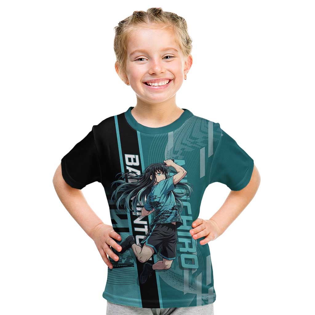 Personalized Tokito Muichiro Demon Slayer Badminton Kid T Shirt with Racket Action Pose and Teal Black Graphic Design - The Mazicc