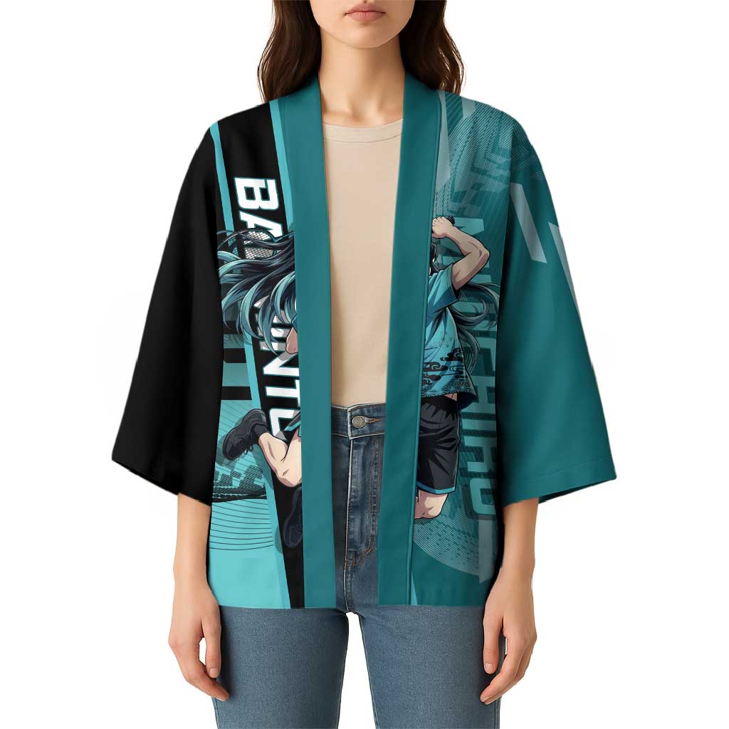Personalized Tokito Muichiro Demon Slayer Badminton Kimono with Racket Action Pose and Teal Black Graphic Design - The Mazicc