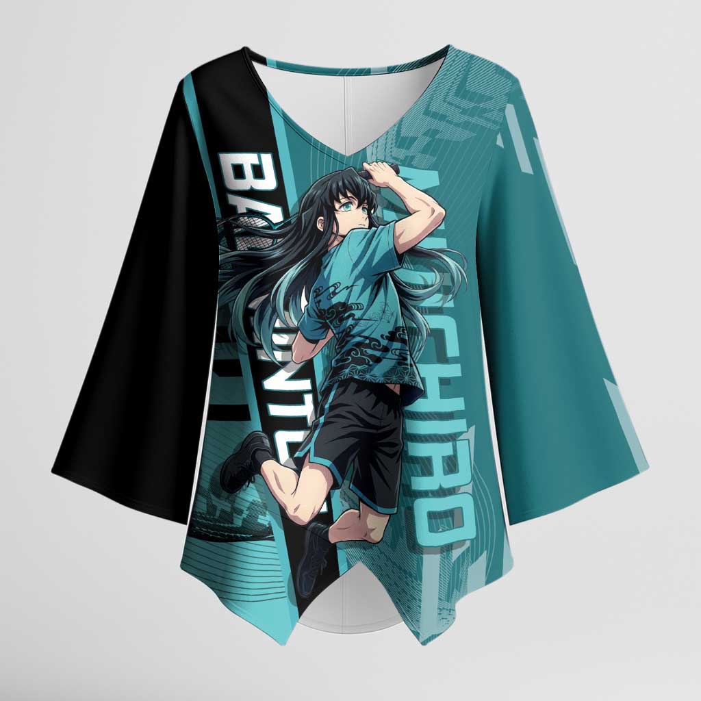 Personalized Tokito Muichiro Demon Slayer Badminton Kimono Sleeve Blouse with Racket Action Pose and Teal Black Graphic Design - The Mazicc