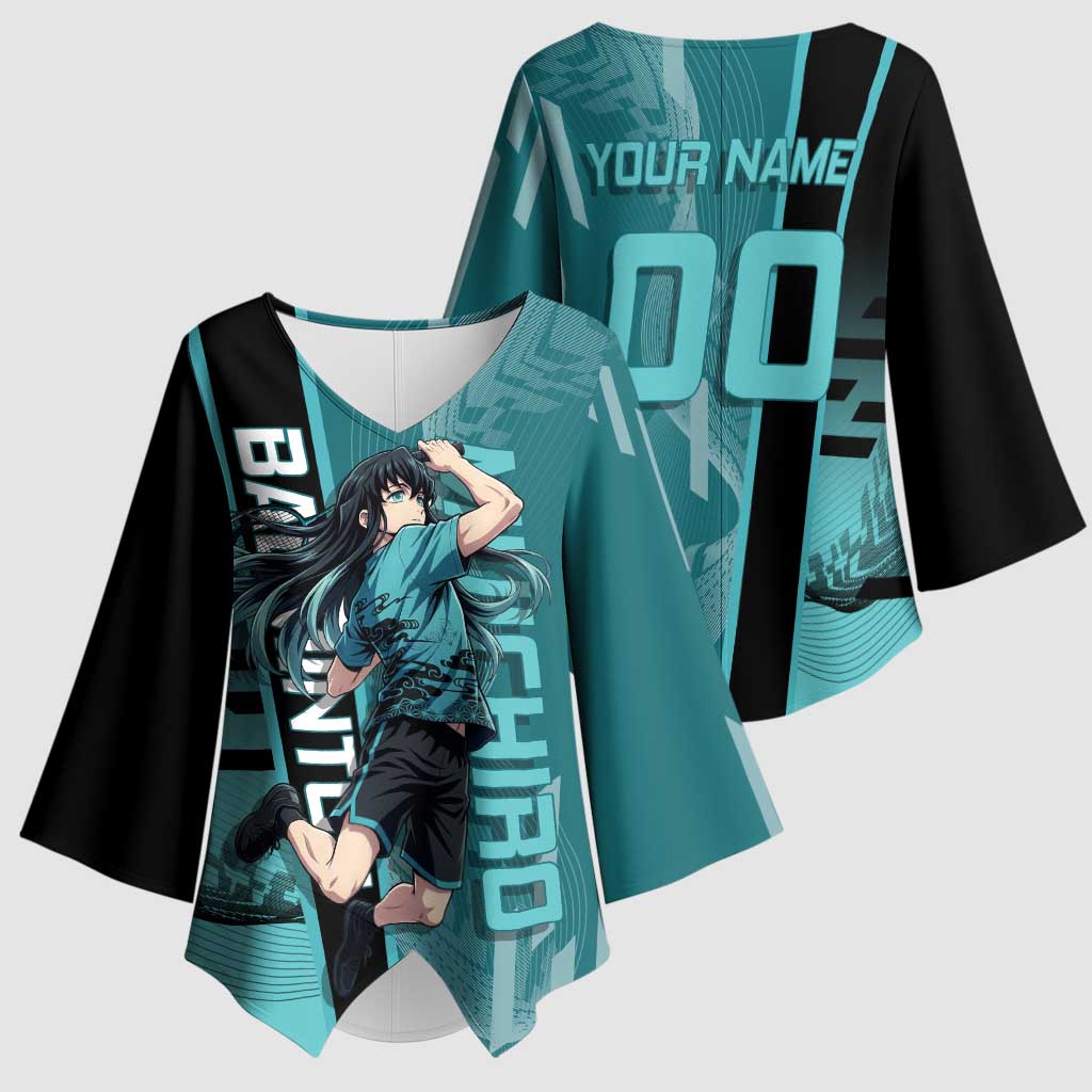 Personalized Tokito Muichiro Demon Slayer Badminton Kimono Sleeve Blouse with Racket Action Pose and Teal Black Graphic Design - The Mazicc