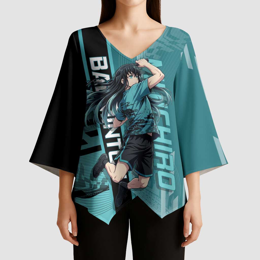 Personalized Tokito Muichiro Demon Slayer Badminton Kimono Sleeve Blouse with Racket Action Pose and Teal Black Graphic Design - The Mazicc