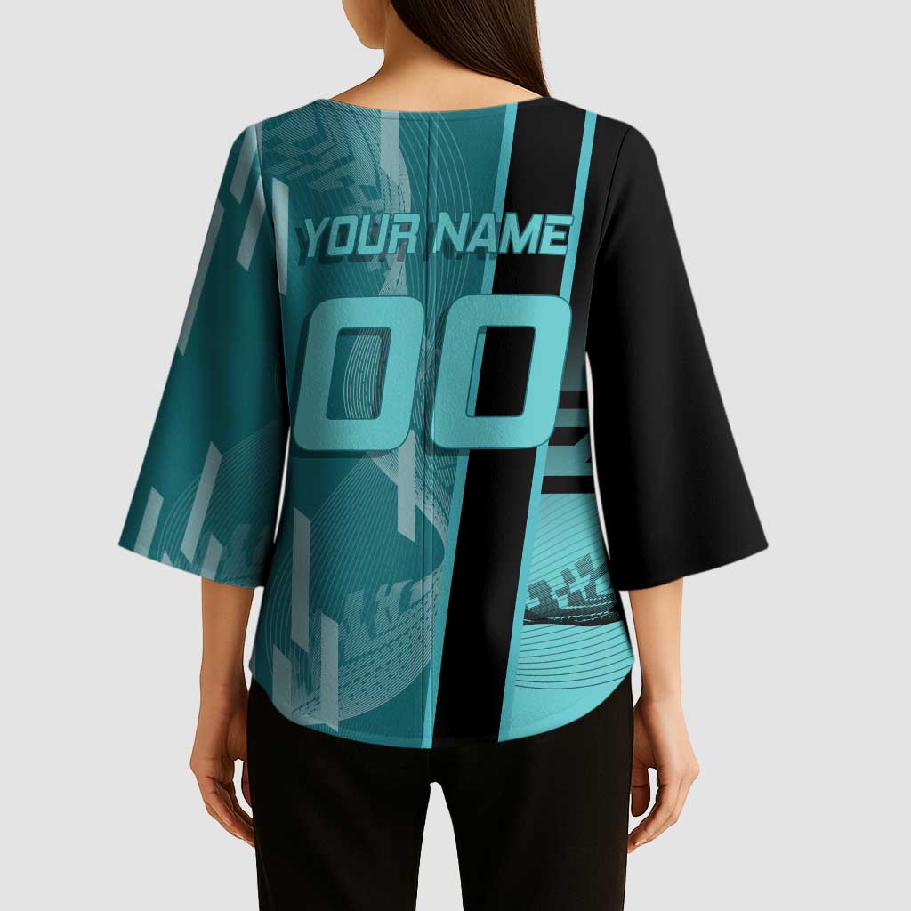 Personalized Tokito Muichiro Demon Slayer Badminton Kimono Sleeve Blouse with Racket Action Pose and Teal Black Graphic Design - The Mazicc