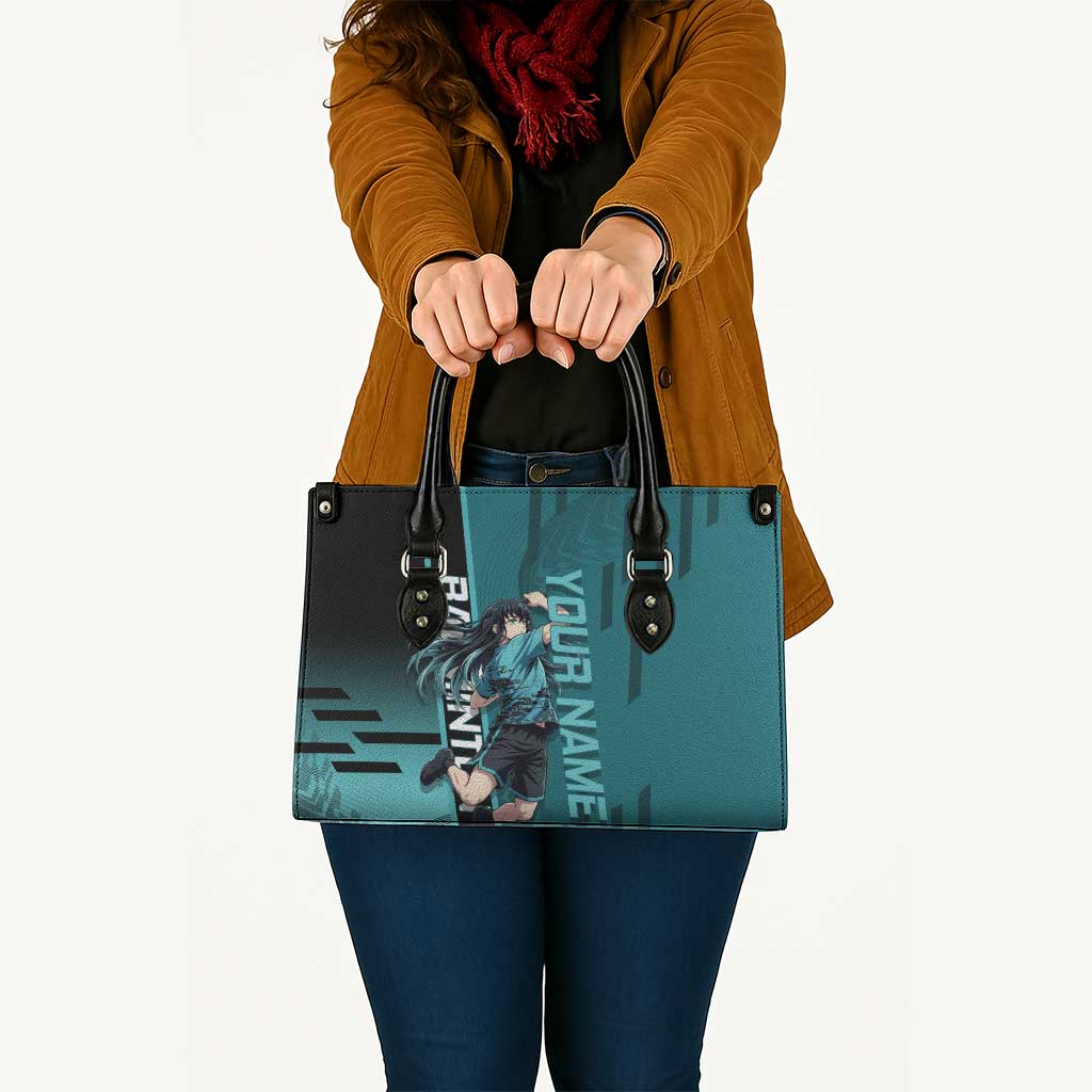Personalized Tokito Muichiro Demon Slayer Badminton Leather Bag with Racket Action Pose and Teal Black Graphic Design - The Mazicc