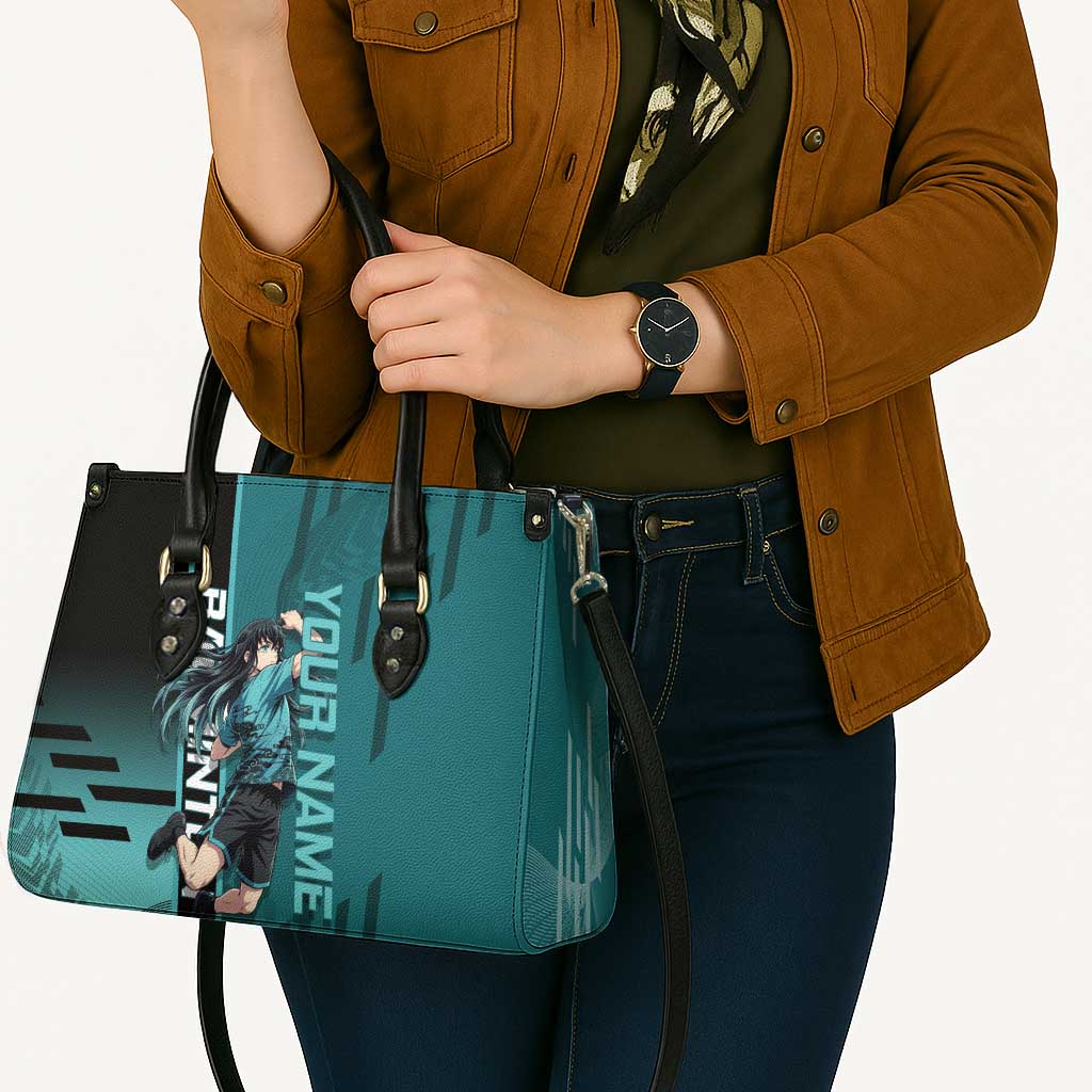 Personalized Tokito Muichiro Demon Slayer Badminton Leather Bag with Racket Action Pose and Teal Black Graphic Design - The Mazicc