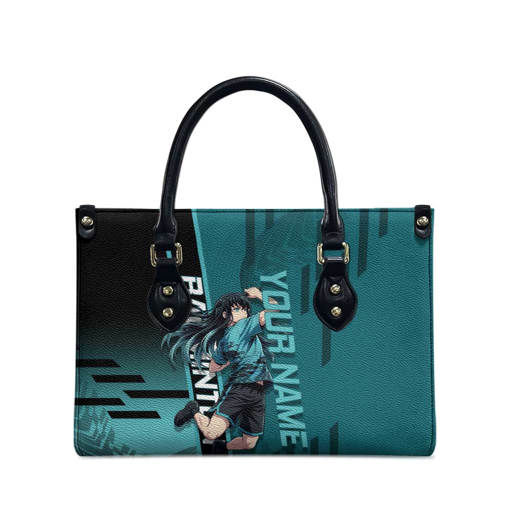 Personalized Tokito Muichiro Demon Slayer Badminton Leather Bag with Racket Action Pose and Teal Black Graphic Design - The Mazicc