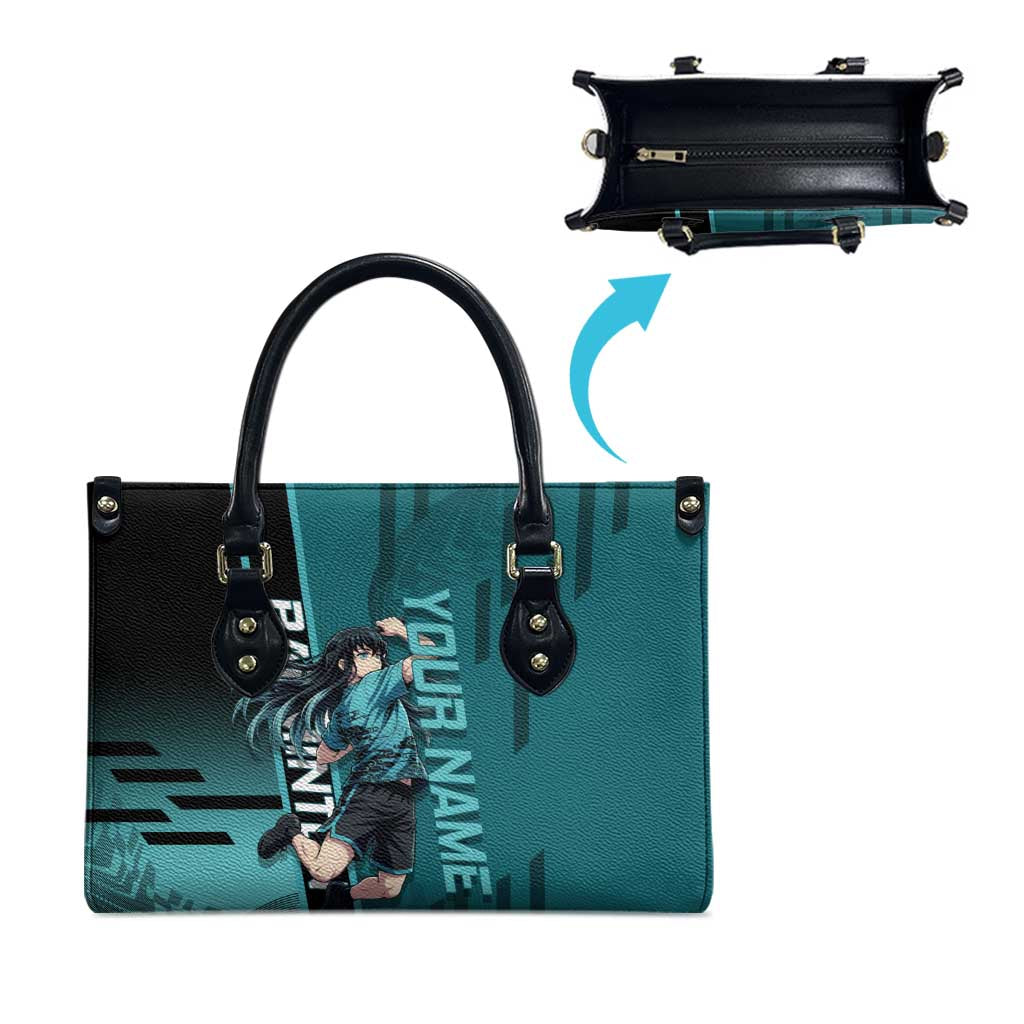 Personalized Tokito Muichiro Demon Slayer Badminton Leather Bag with Racket Action Pose and Teal Black Graphic Design - The Mazicc