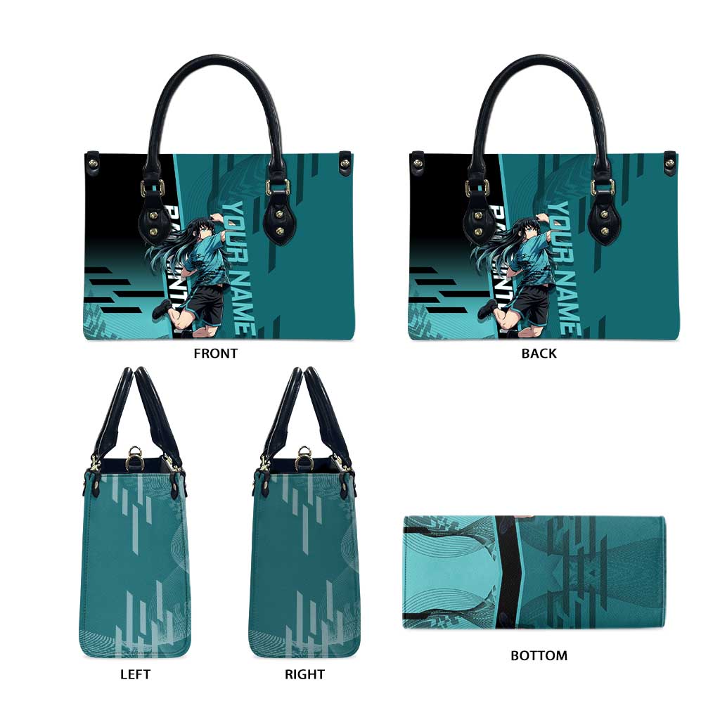 Personalized Tokito Muichiro Demon Slayer Badminton Leather Bag with Racket Action Pose and Teal Black Graphic Design - The Mazicc