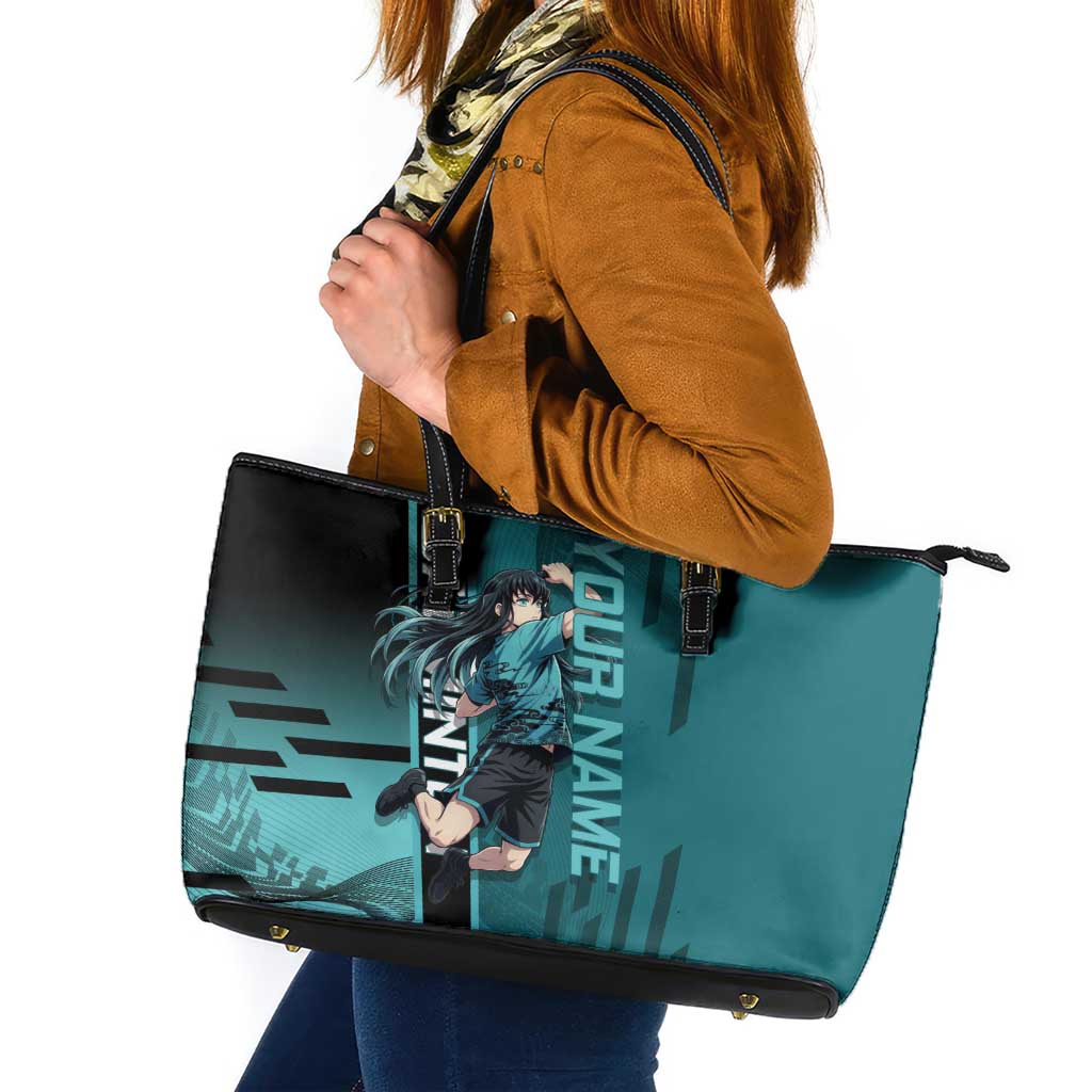 Personalized Tokito Muichiro Demon Slayer Badminton Leather Tote Bag with Racket Action Pose and Teal Black Graphic Design - The Mazicc